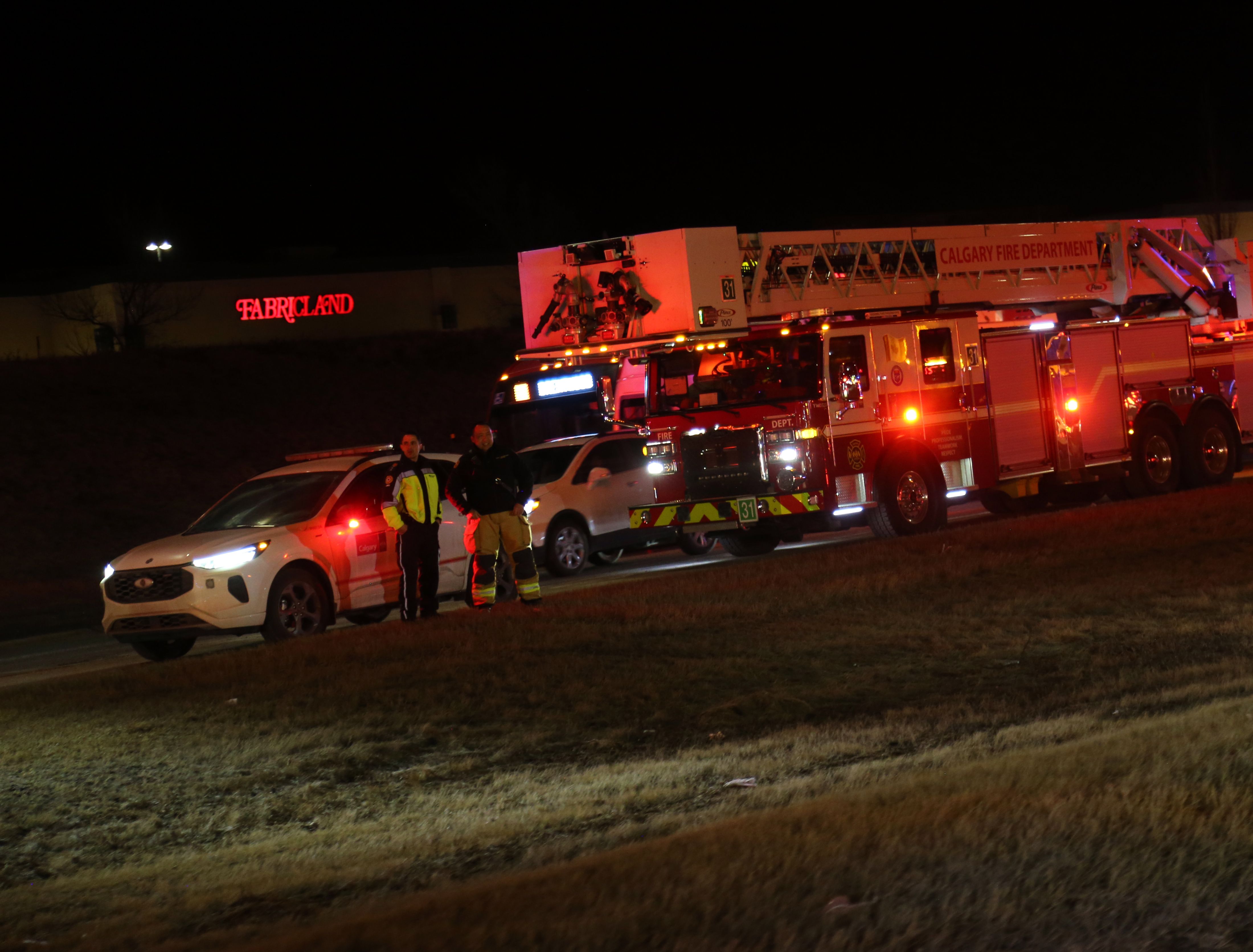 Members of the Calgary Fire Department and other roadside responders take part in the Slow Down Move Over awareness event along 16 Avenue N.E. in Calgary on March 5, 2026. Photo / Anna Ferensowicz / Discover Airdrie